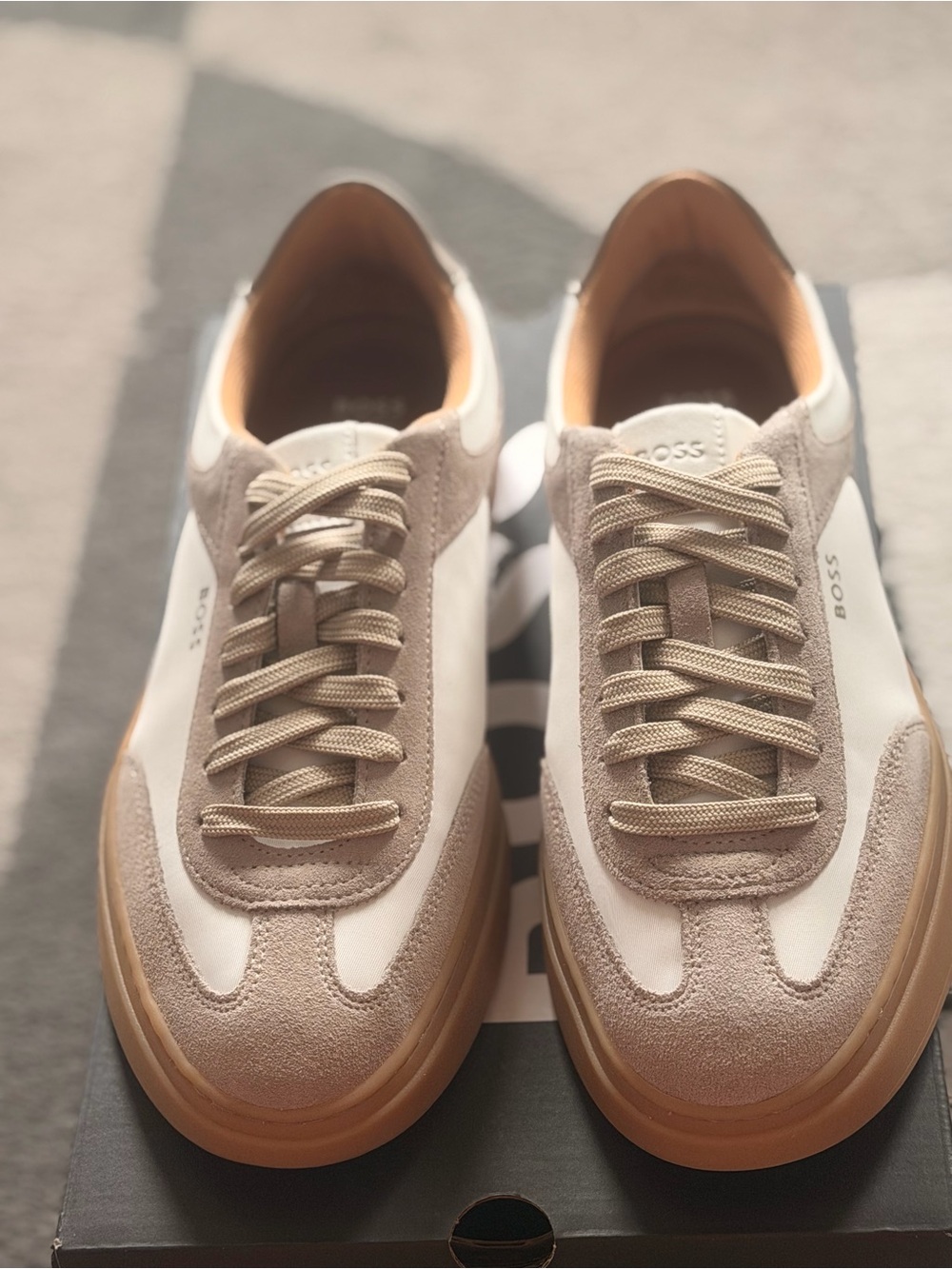 BOSS Beige and White Suede & Leather Low-Top Sneakers
